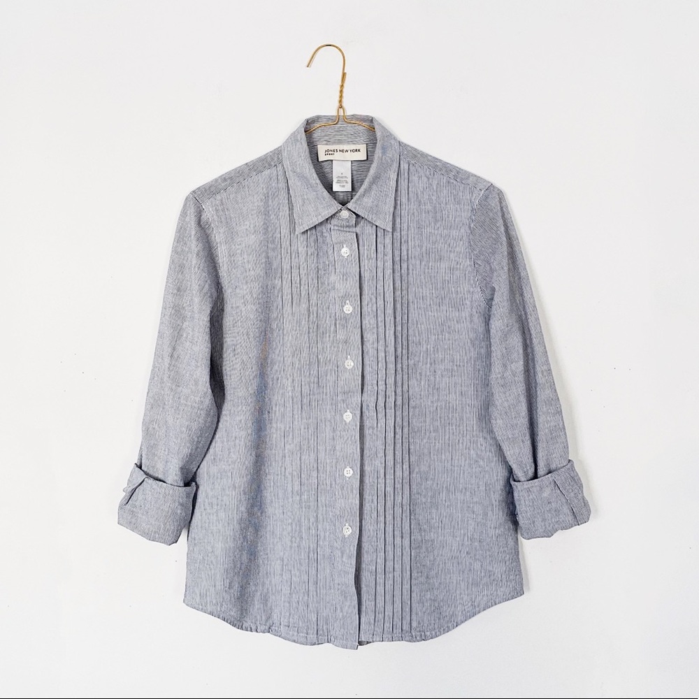 90s prep blue gray white stripe pleated button up blouse